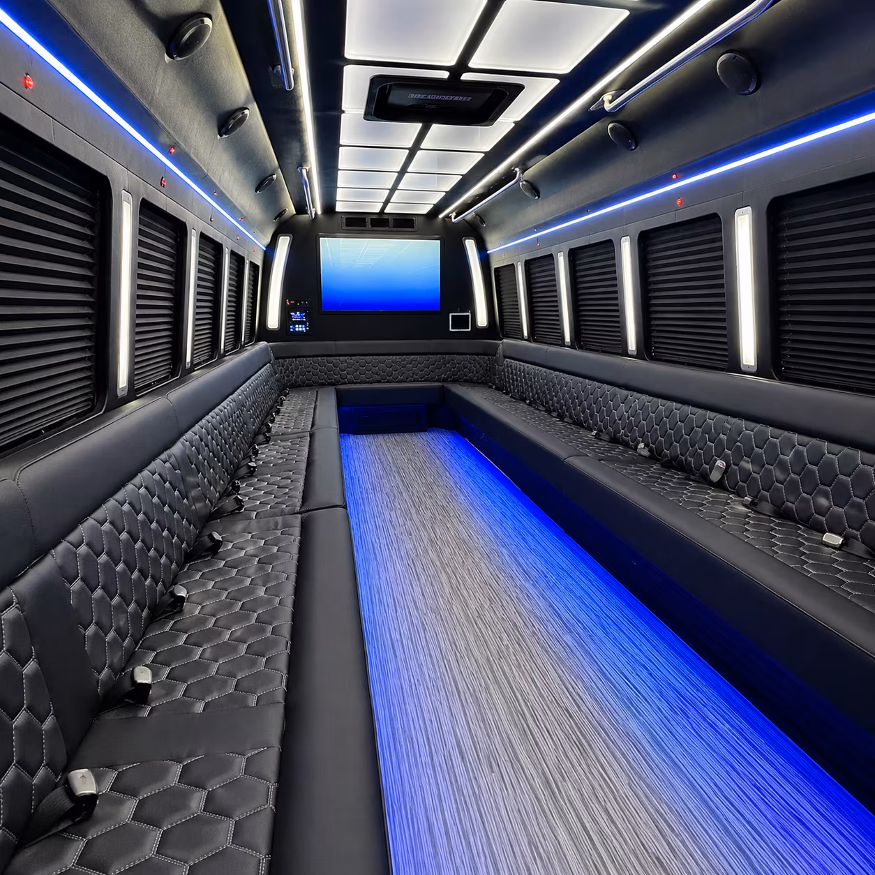 porterville 50 passenger party bus inside